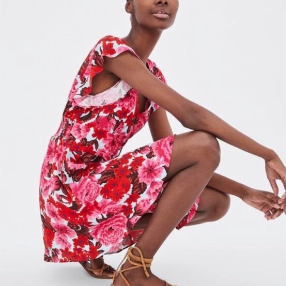 Zara Pink Blue Front Button Floral Mini Dress